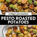 pesto potatoes on a baking sheet.