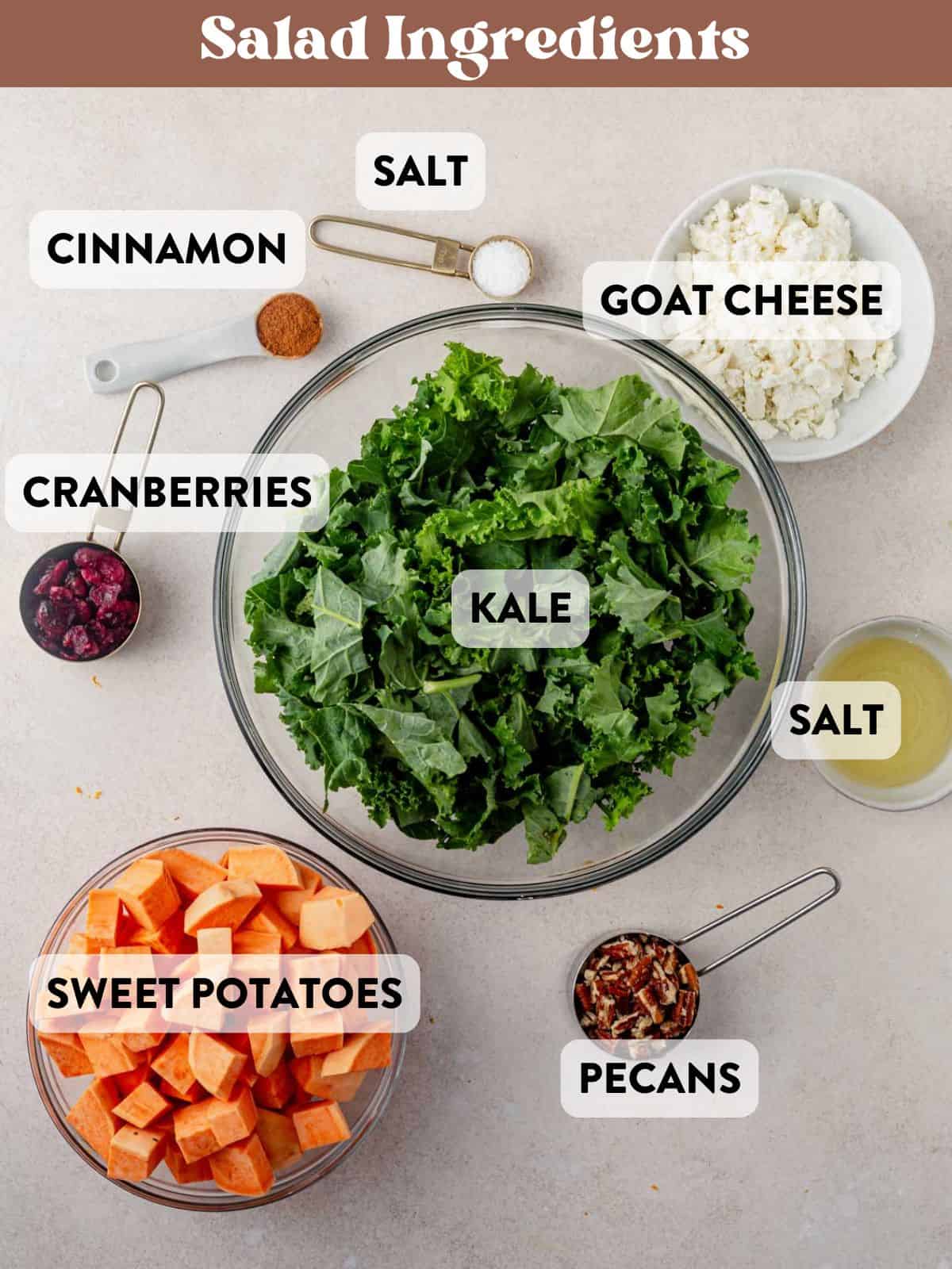 sweet potato kale salad ingredients on a countertop.