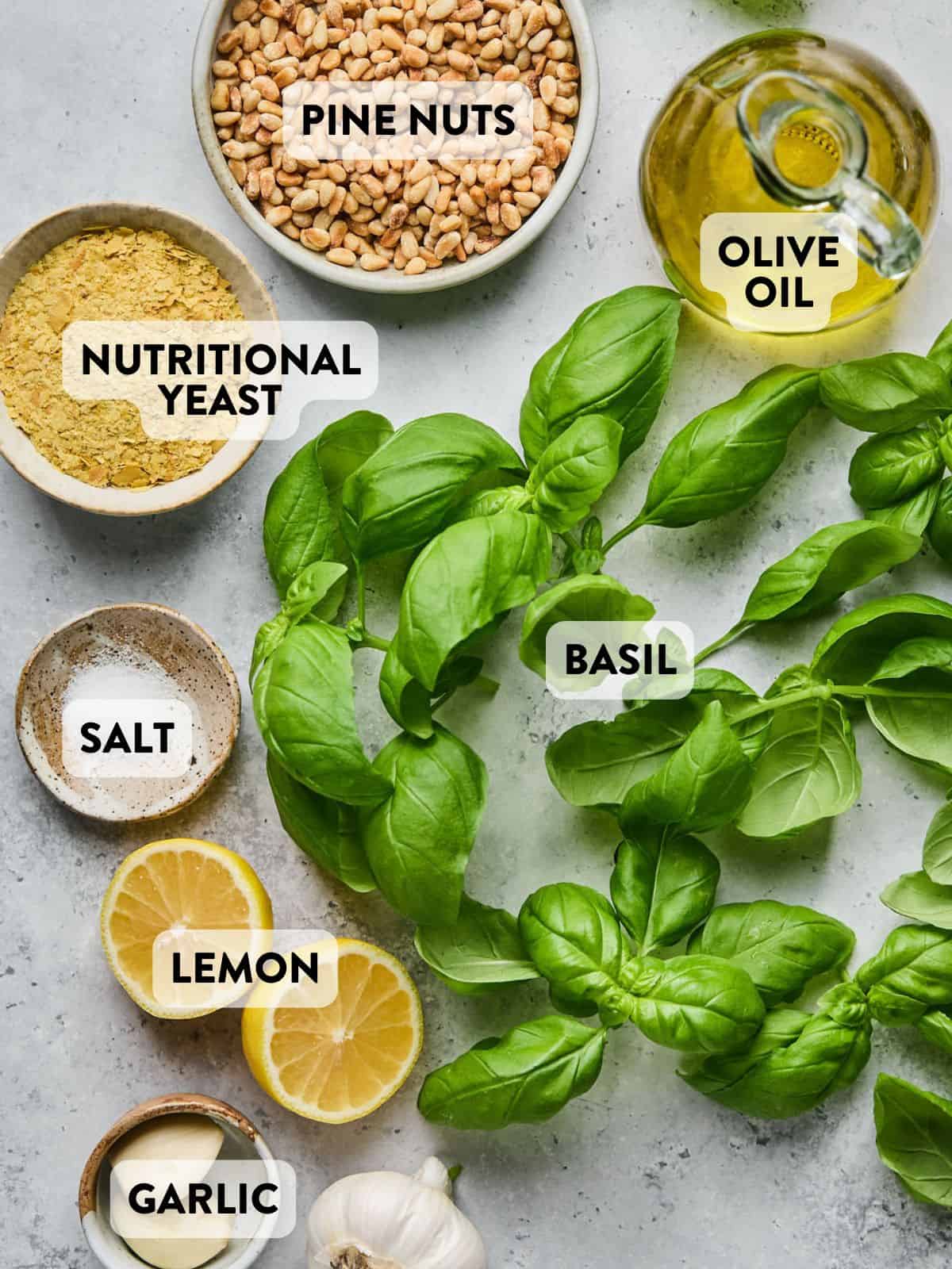 vegan pesto ingredients on a counter.