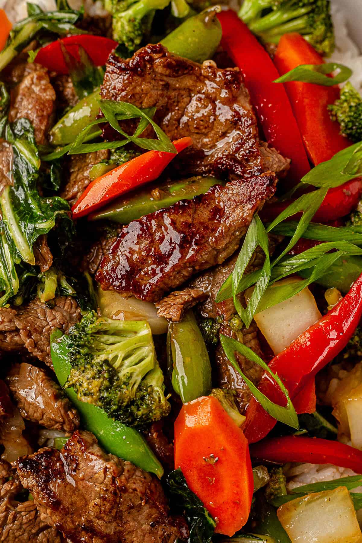 flank steak, broccoli, carrots, bok choy, and red peppers in a homemade stir fry sauce
