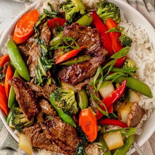 a bowl of flank steak stir fry with green onions
