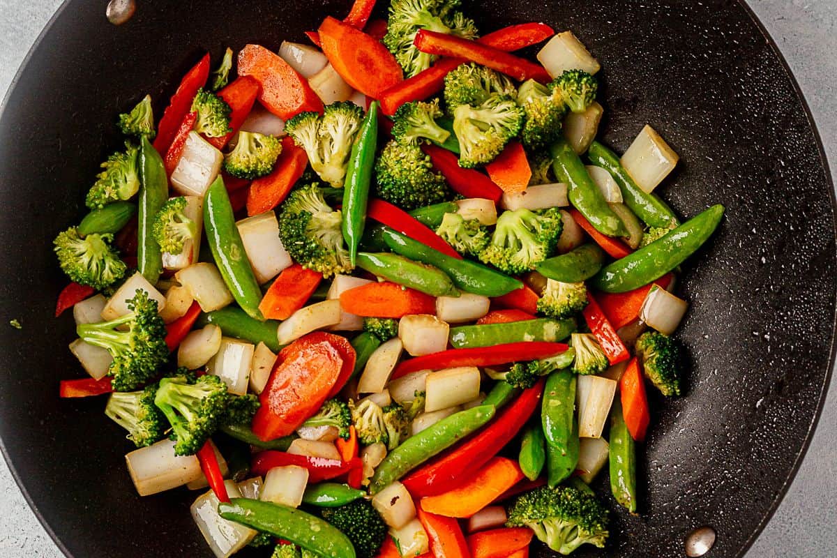 stir fry vegetables cooking in a wok