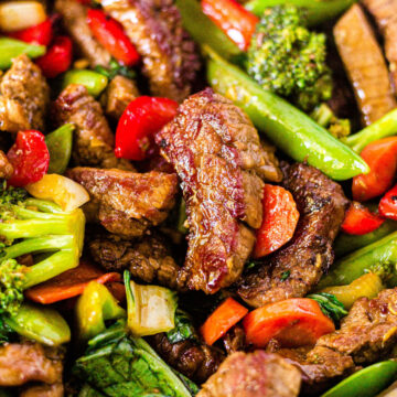 close up of crispy steak stir fry with vegetables