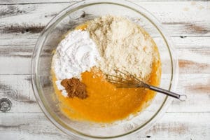 dry ingredients in a bowl for pumpkin muffins