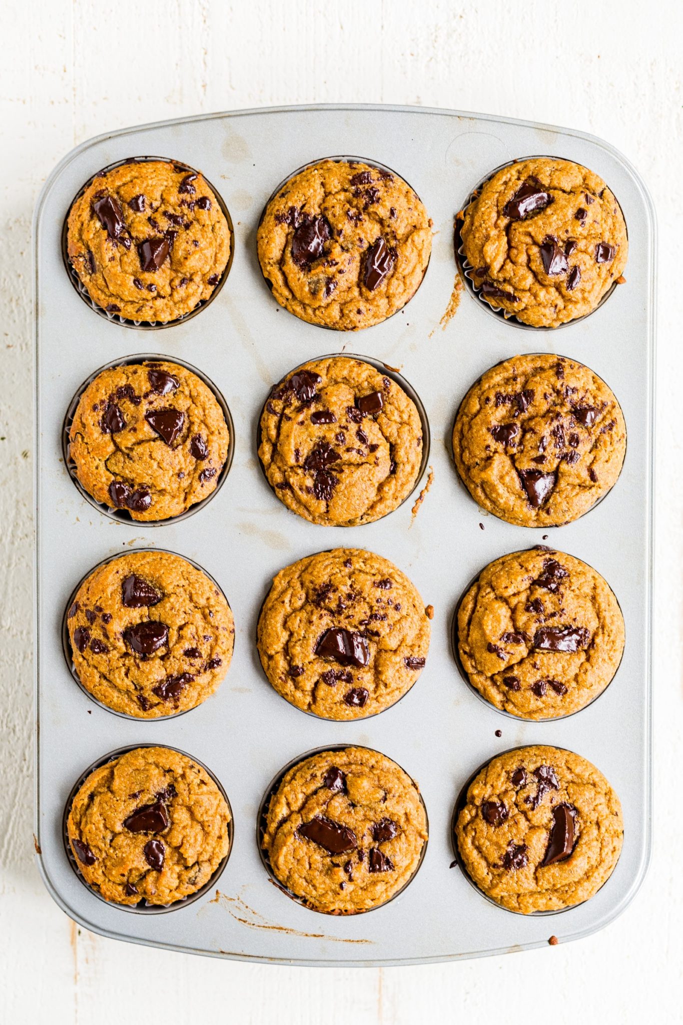 healthy pumpkin chocolate chip muffins in a muffin tin cooling on the table