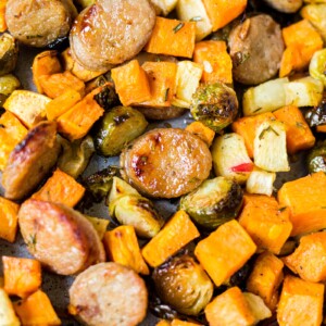 shee pan sausage and veggies with sweet potatoes and brussels sprouts