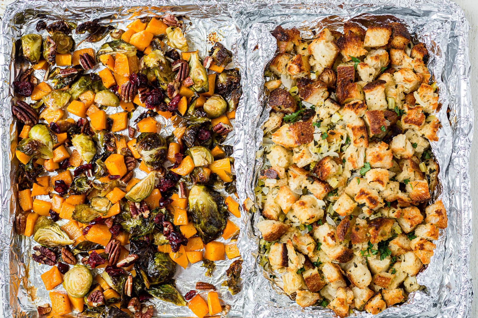 roasted veggies and stuffing for thanksgiving dinner
