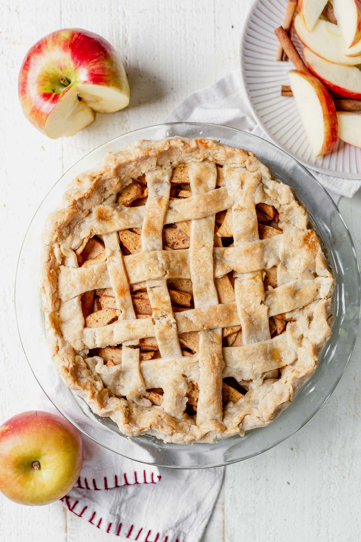 overhead shot of gluten free apple pie with a golden brown lattice on top