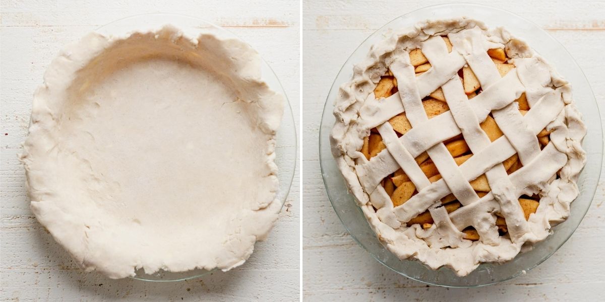 two steps showing how to roll out gluten free pie crust and lattice it on top of the apple filling