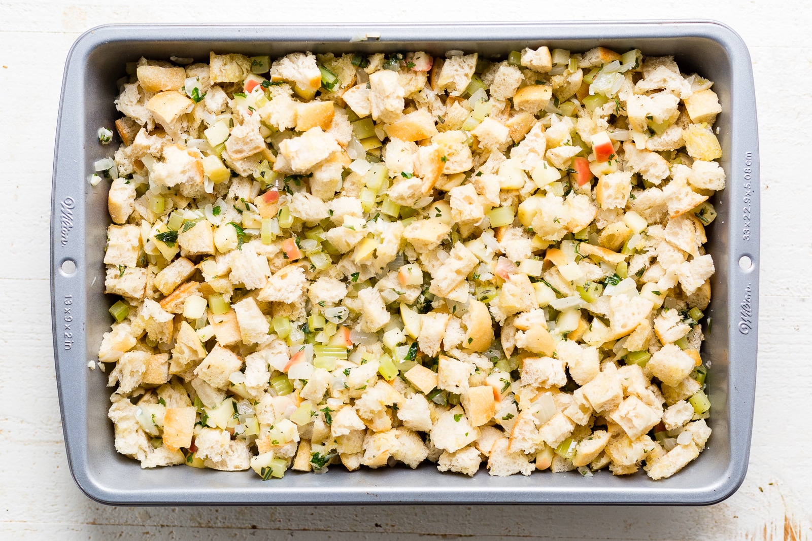 sourdough bread stuffing in a 9x13 pan before going in the oven