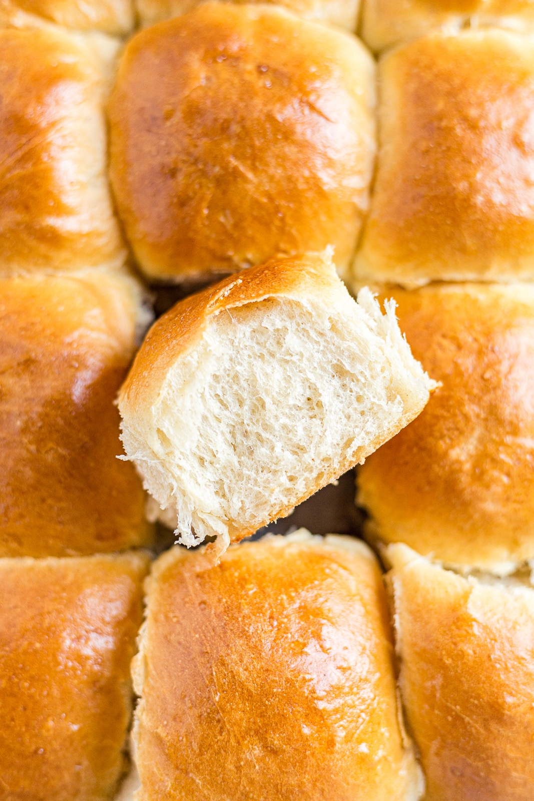 sourdough rolls in a pan with one being pulled out