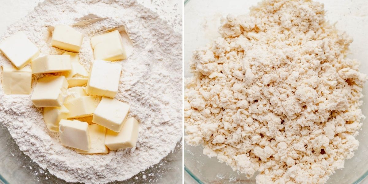 two image steps showing how to mix cold better into gluten free flour for pie crust