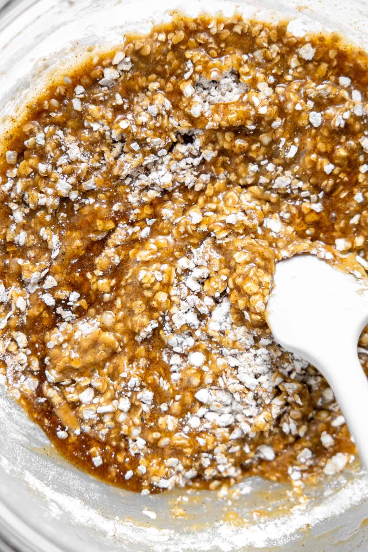 brown butter oatmeal cookie dough in a mixing bowl.