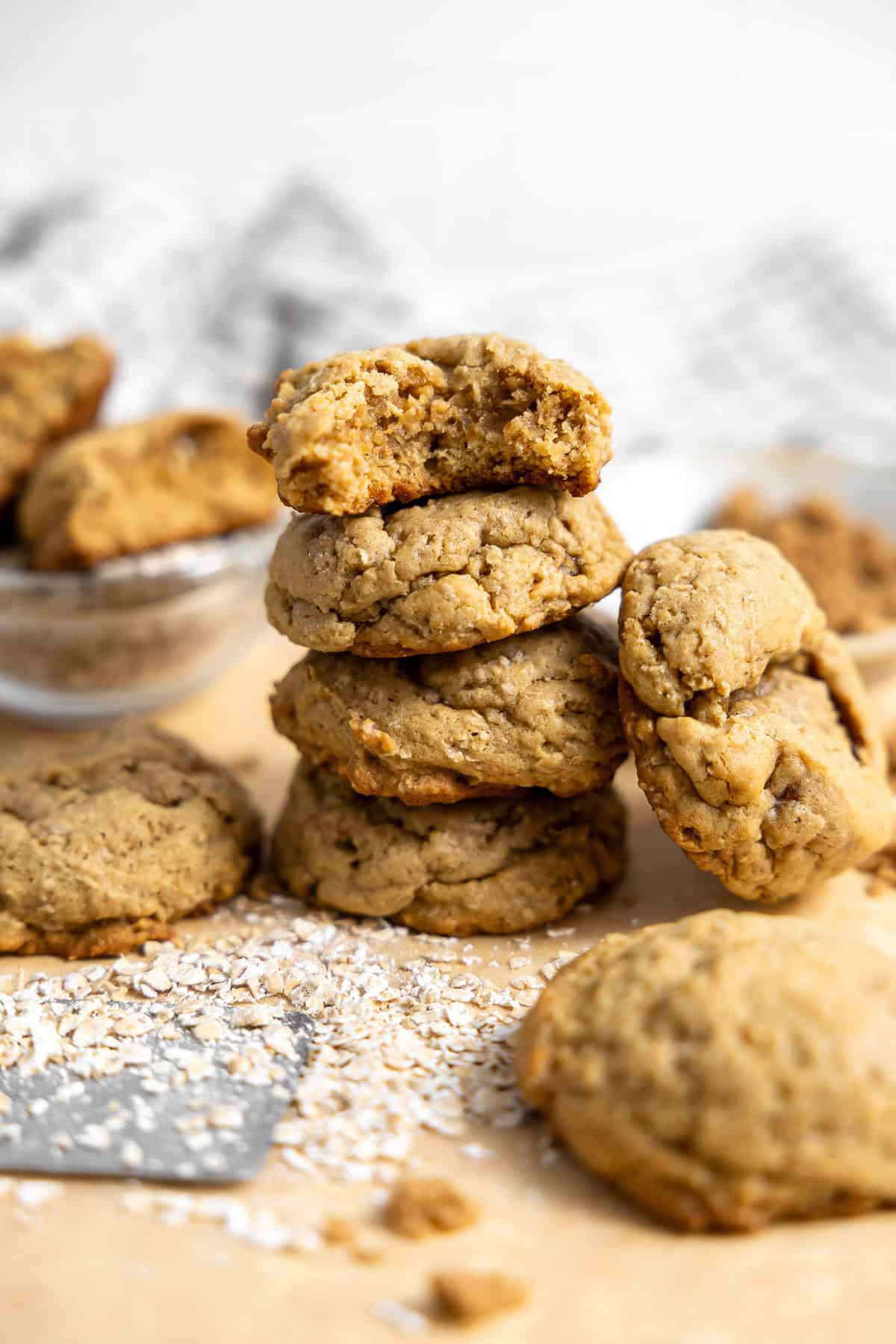 a stack of brown butter oatmeal cookies on a countertop.