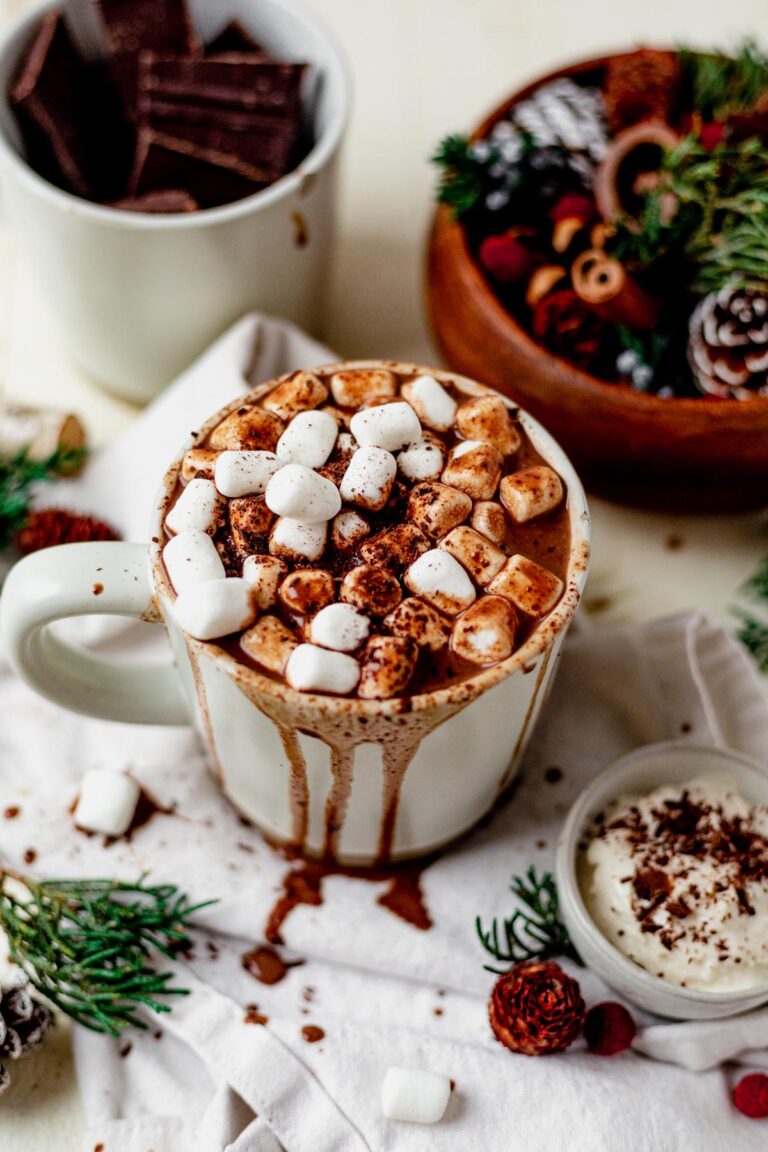 dairy free hot chocolate in a white mug topped with mini marshmallows