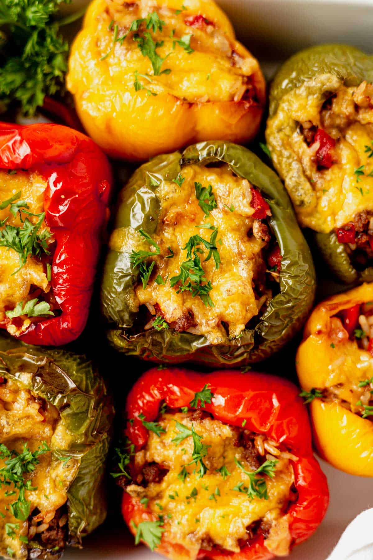 air fryer stuffed peppers in a serving dish