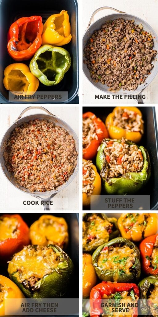 a collage of pictures showing you how to make air fryer stuffed peppers in 6 easy steps including making the filling, frying the peppers and adding the cheese