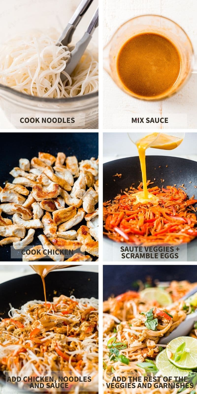 6 steps showing how to make healthy chicken pad thai