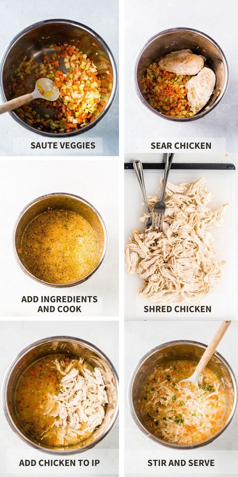 collage of 6 pictures showing step by step how to make greek lemon chicken soup in the instant pot