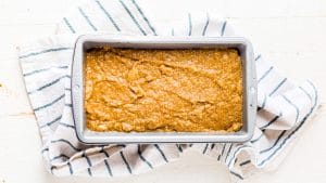 almond flour banana bread batter in a loaf pan