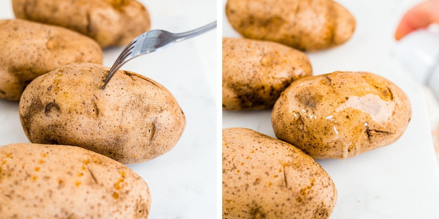 step by step pictures showing you how to poke holes and spray baked potatoes before air frying