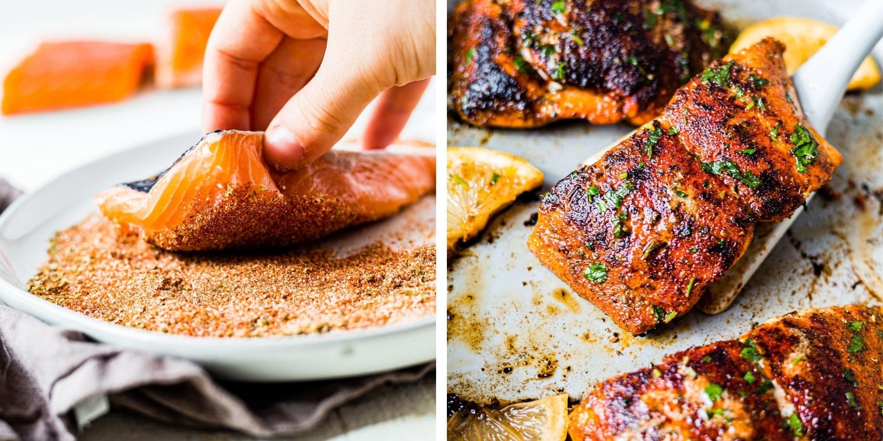 two pictures showing how to dip salmon in blackening seasoning and flipping it over to crisp