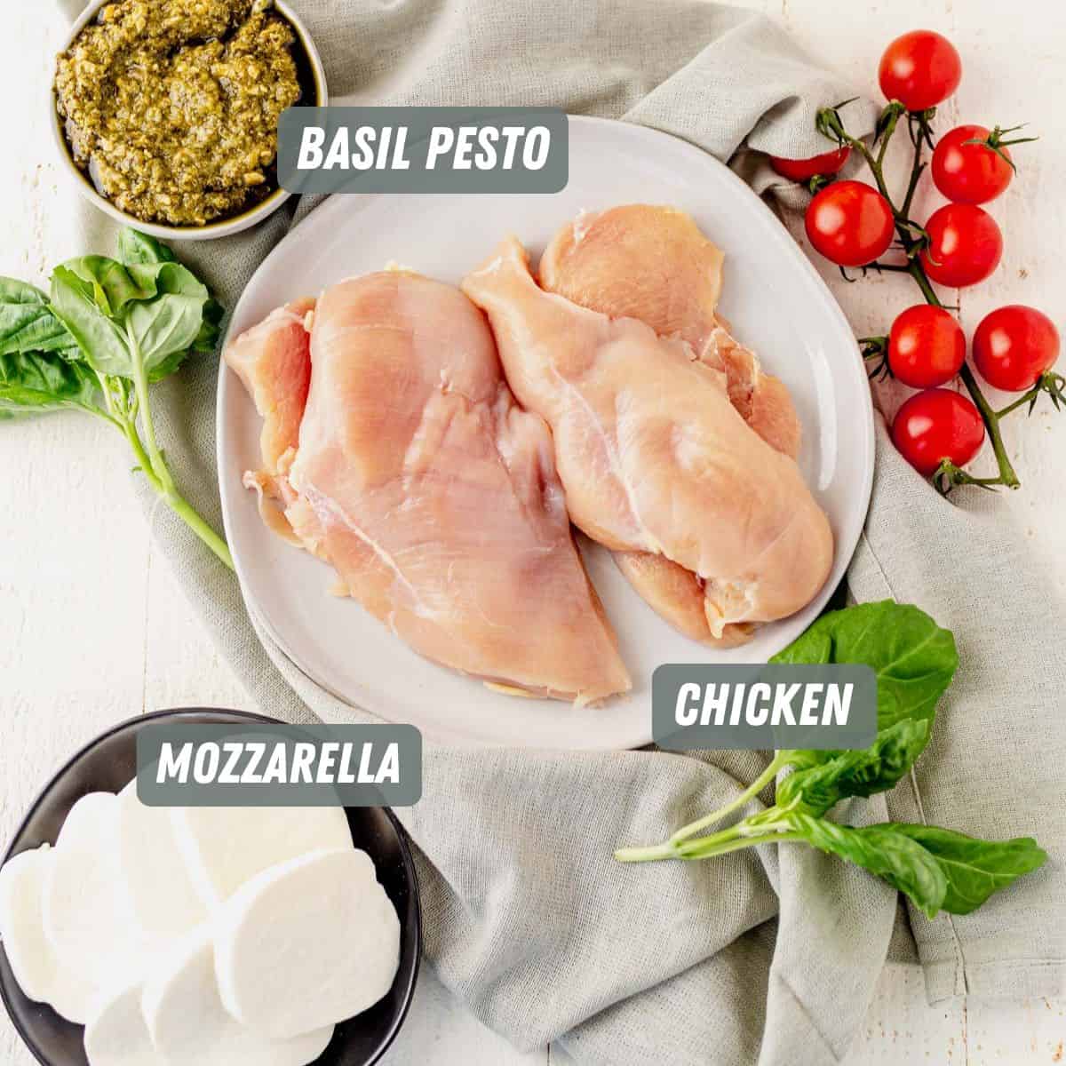 uncooked chicken breast, pesto, mozzarella and basil on a white table