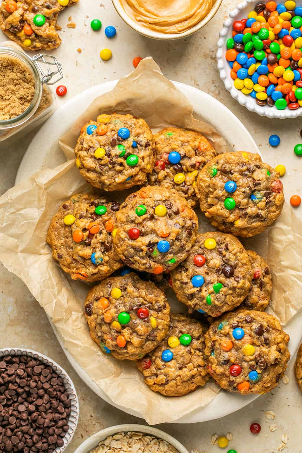 flourless monster cookies on a serving platter