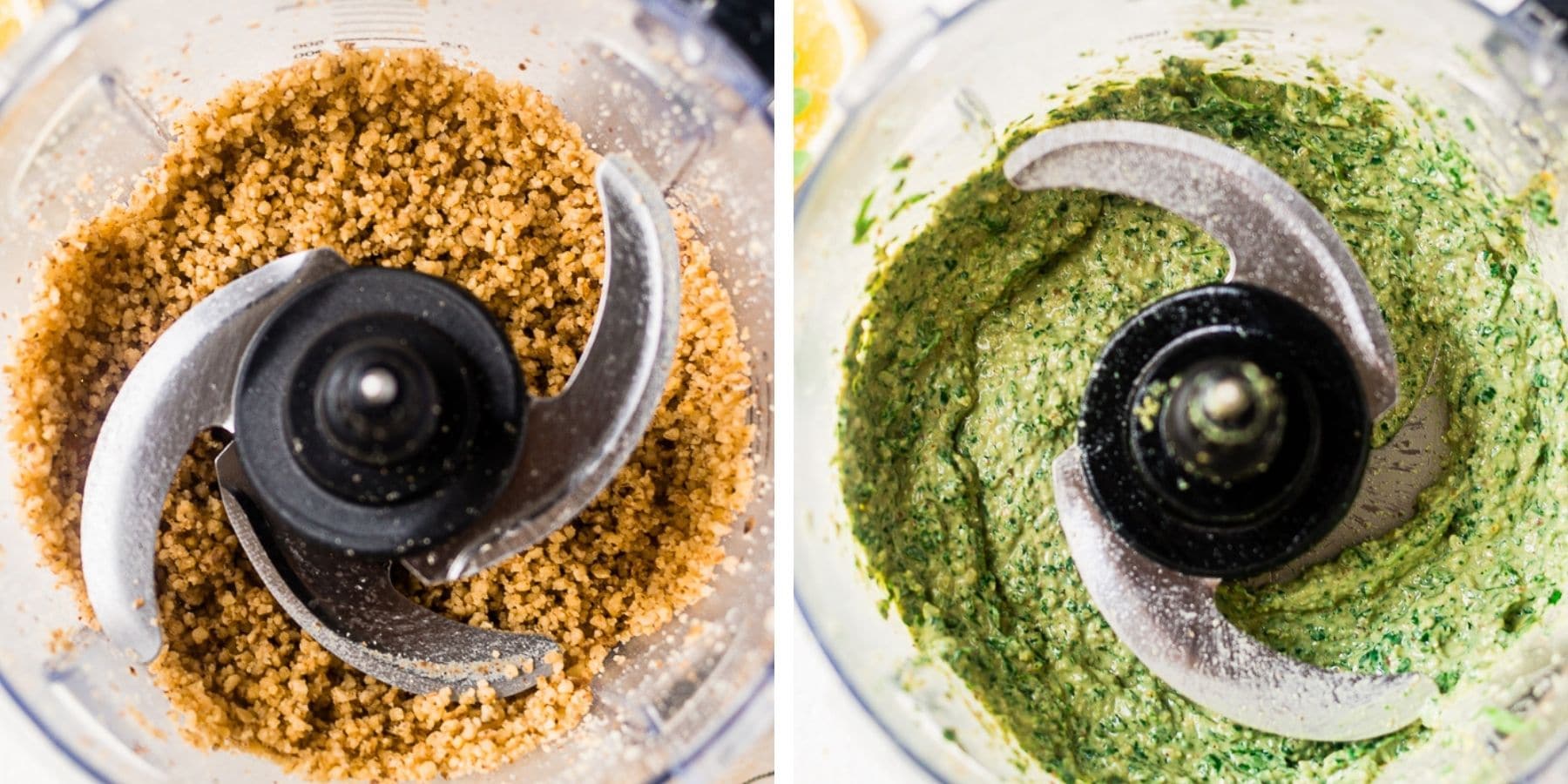 collage of two images showing how to make arugula walnut pesto step by step in the food processor