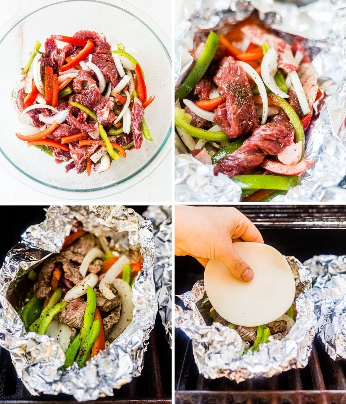 step by step images showing how to make philly cheesesteak foil packs on the grill