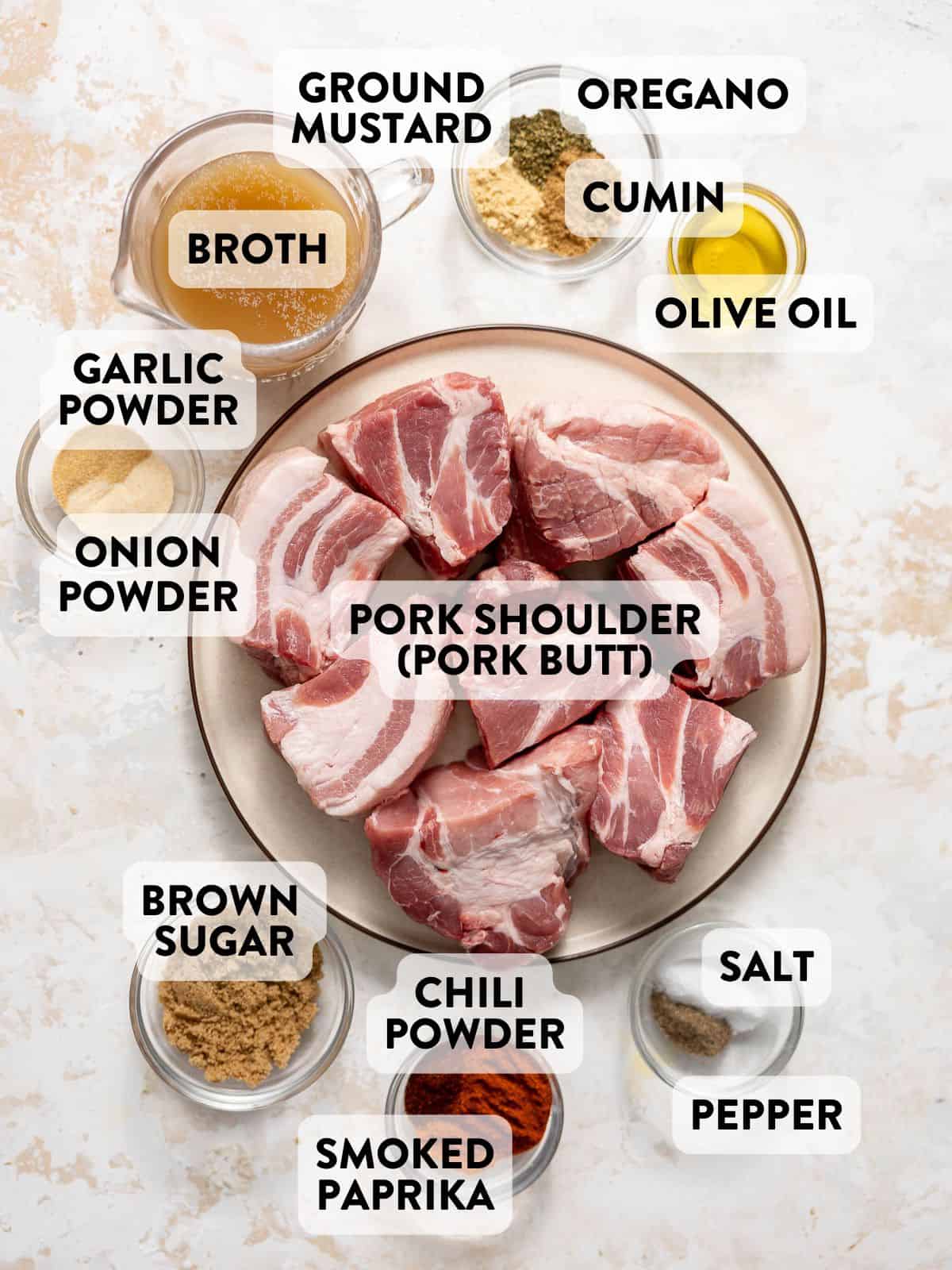 instant pot pulled pork ingredients on a countertop.