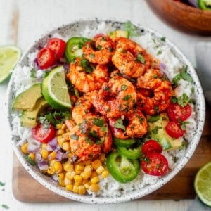 shrimp bowl with rice, corn, jalapeno, avocado, and tomato