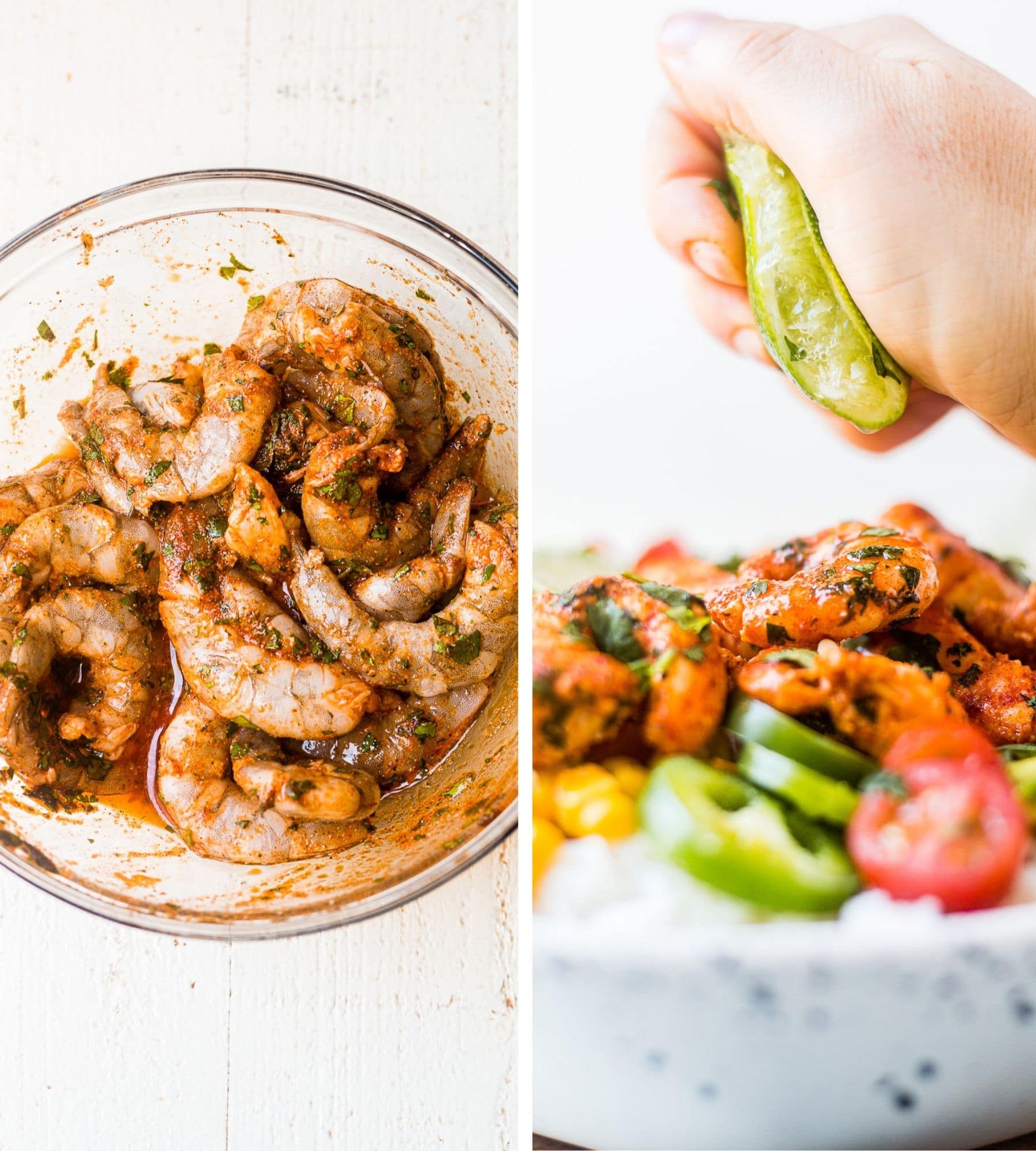 two images showing shrimp marinating with mexican spices in a bowl and lime being squeezed over perfectly cooked shrimp