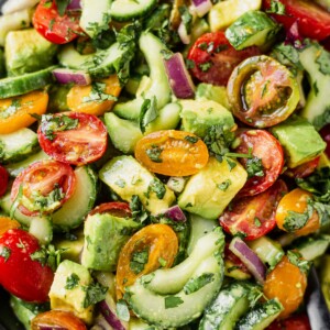 close up of cucumber tomato avocado salad tossed in a cilantro dressing