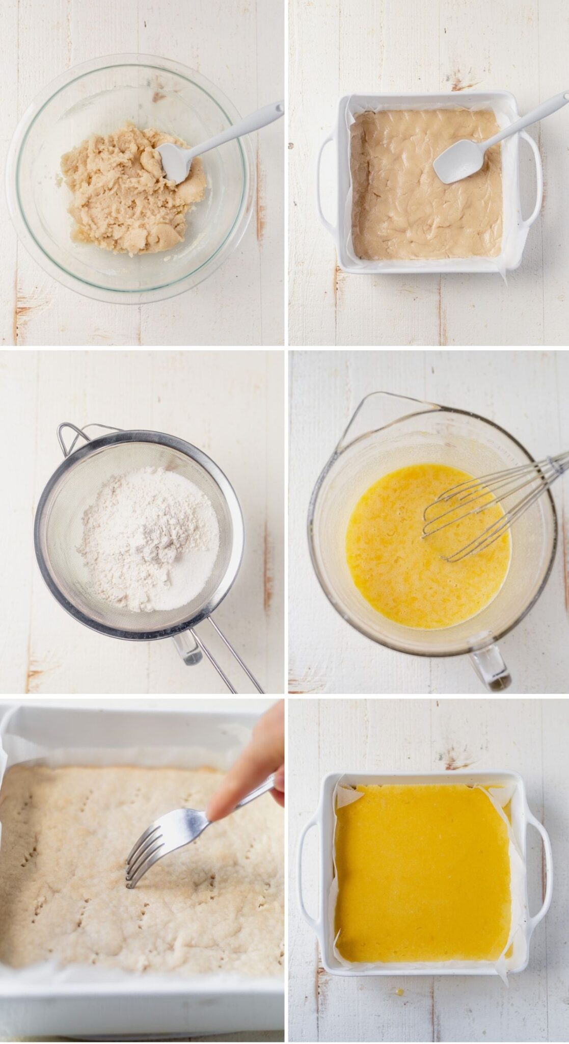 step by step images showing how to make gluten free lemon bars starting with the shortbread crust, pressing it into the pan, making the lemon curd and baking it