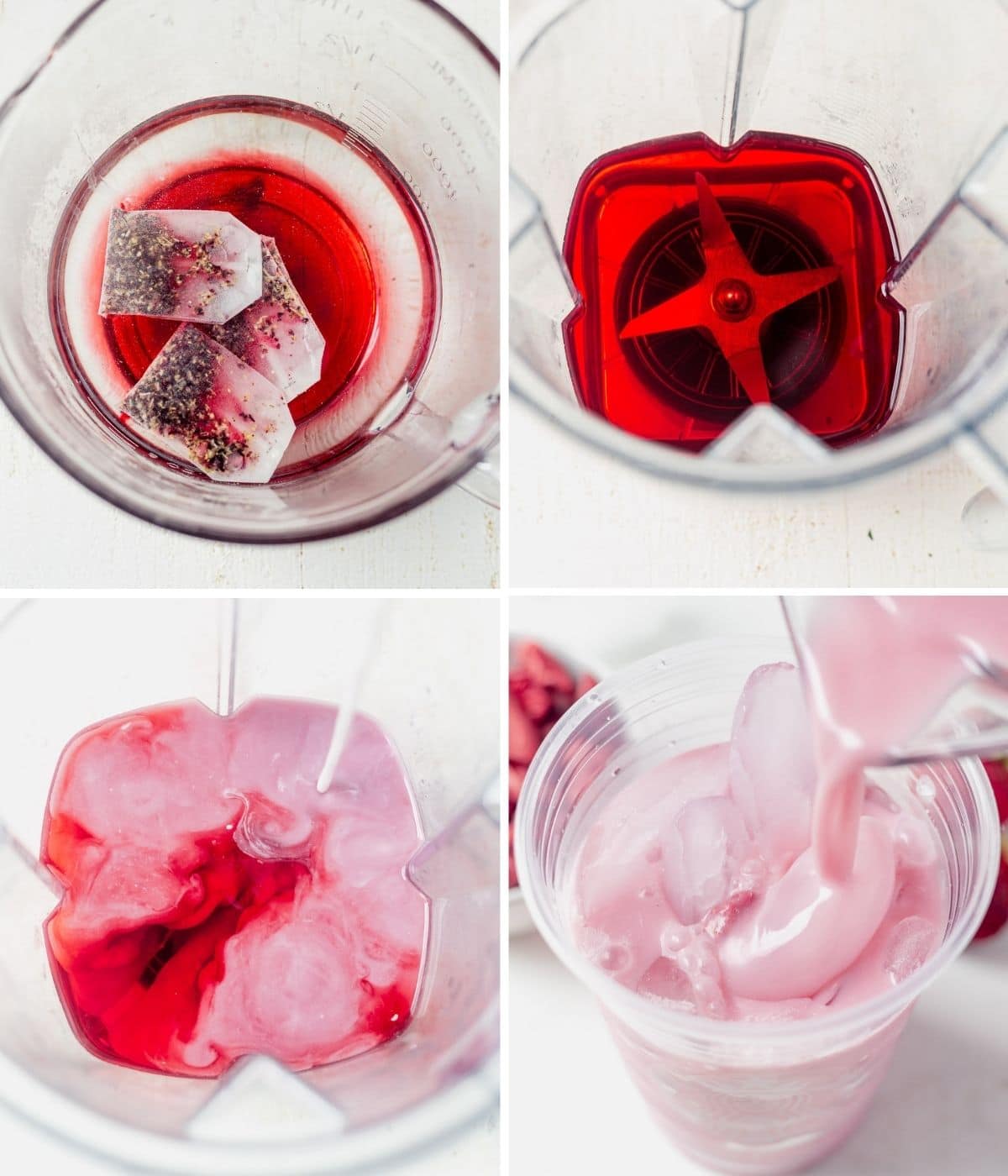 4 images showing how to make a pink drink in a few steps including steeping the tea, blending the ingredients and pouring over ice