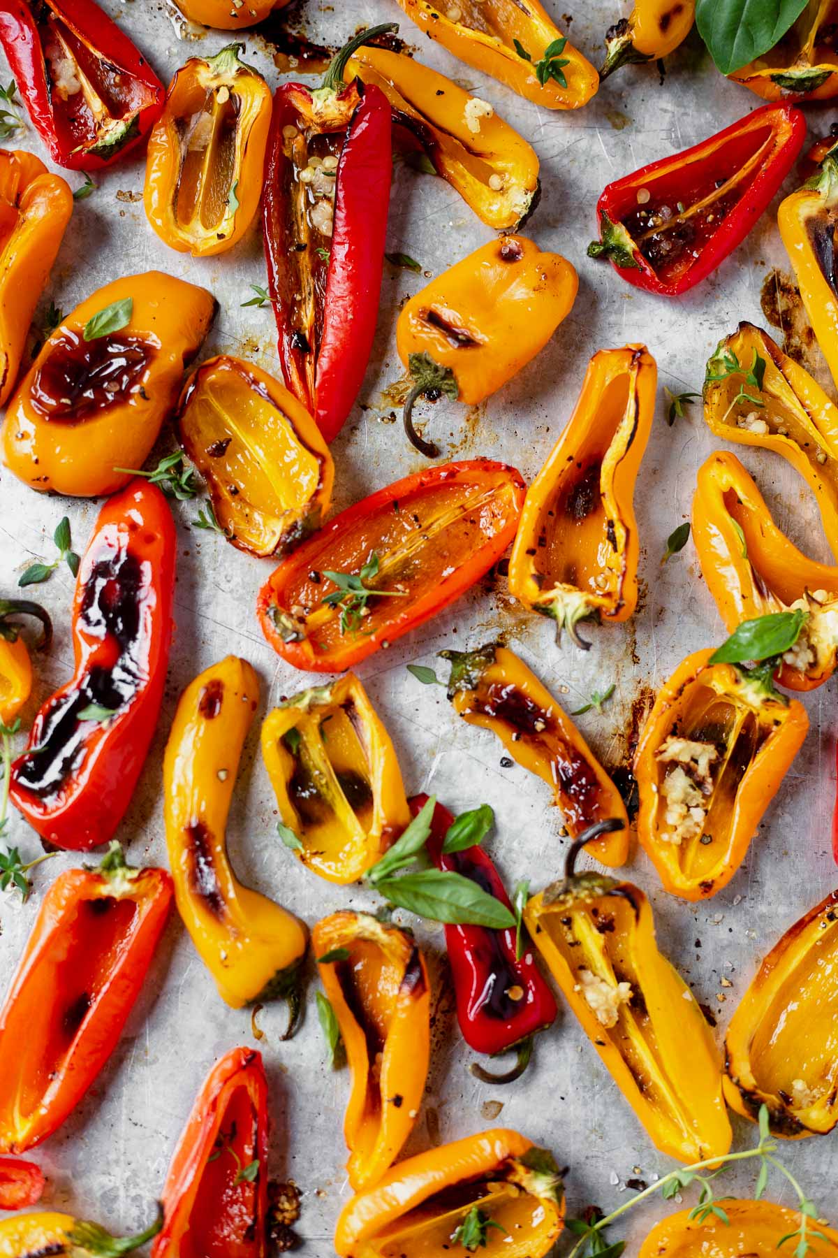 blistered roasted mini peppers on a baking sheet garnished with fresh basil and thyme