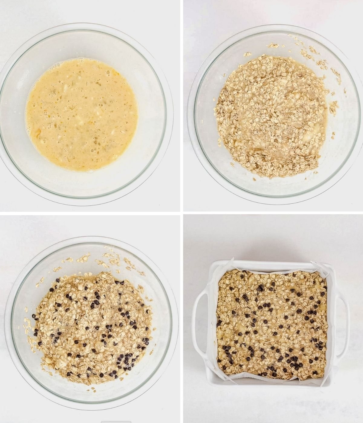 step by step images showing how to make banana baked oatmeal with one bowl showing the wet ingredients, one showing the oatmeal added, one with chocolate chips and the batter in a square dish before being baked