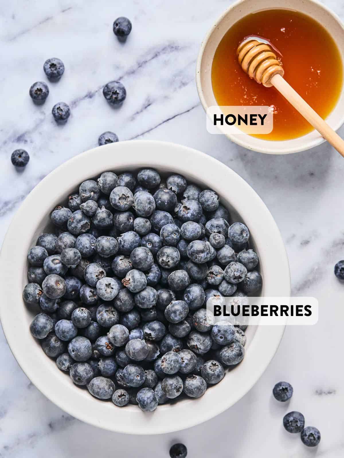 bowl of fresh blueberries and a bowl of honey laying out on the counter