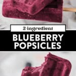 a stack of blueberry popsicles and then a bite taken out of a blueberry popsicle.
