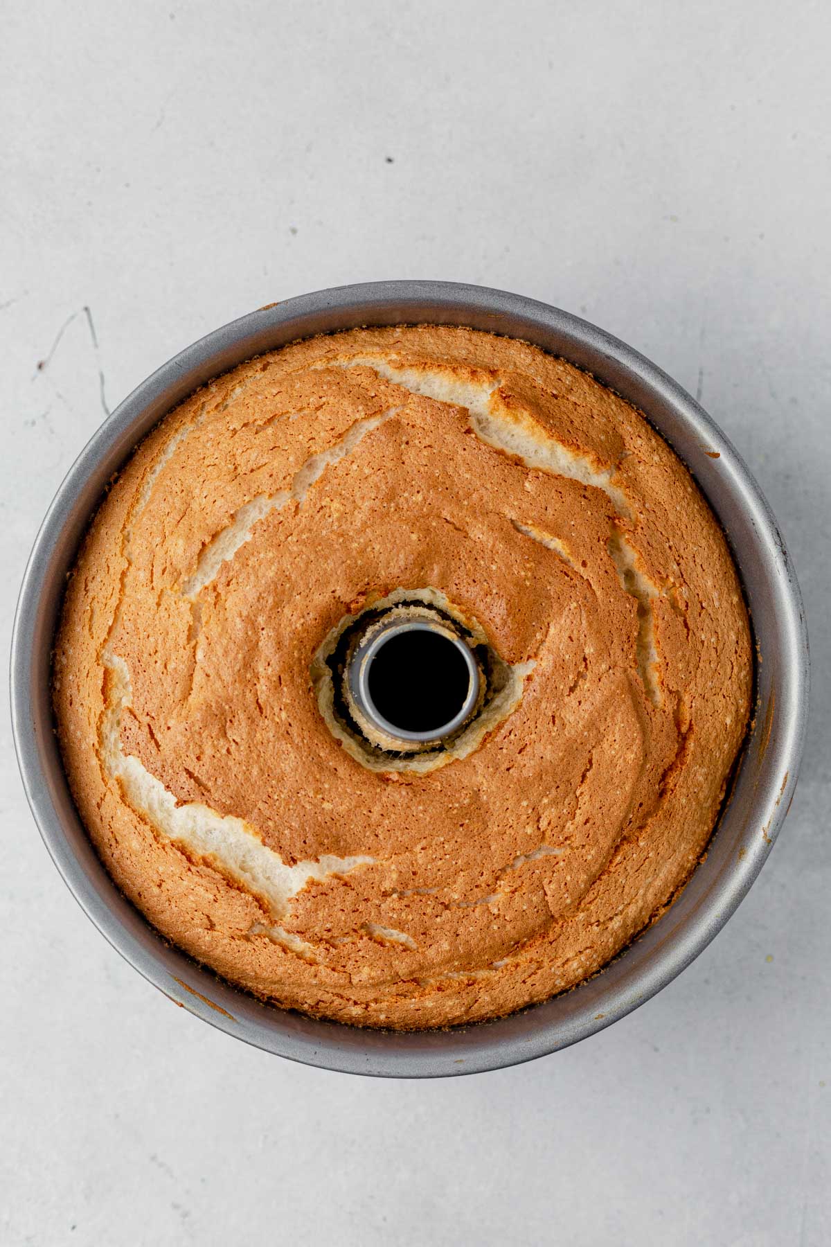 gluten-free angel food cake baked in the tube pan