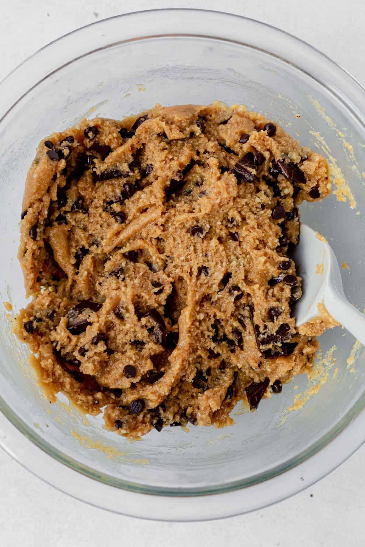 healthy cookie dough in a glass bowl