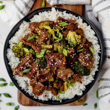 instant pot mongolian beef and broccoli on top of white rice