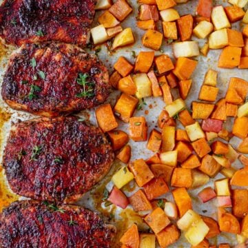 sheet pan pork chops with sweet potatoes and apples