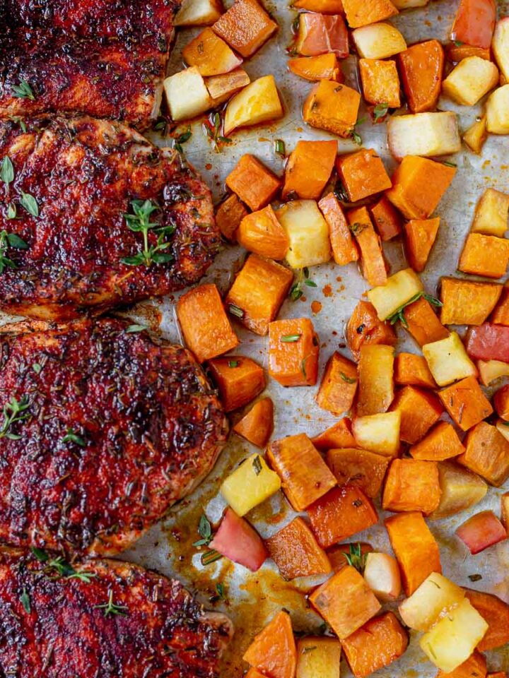 sheet pan pork chops with sweet potatoes and apples