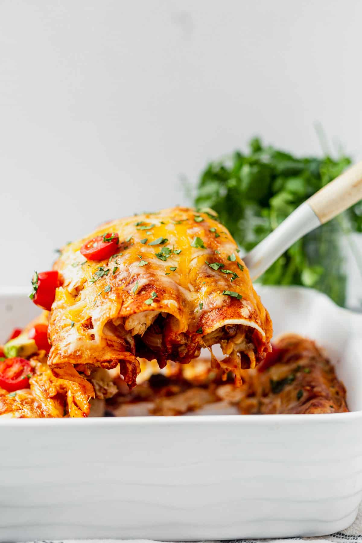 healthy chicken enchiladas pulling out of a pan