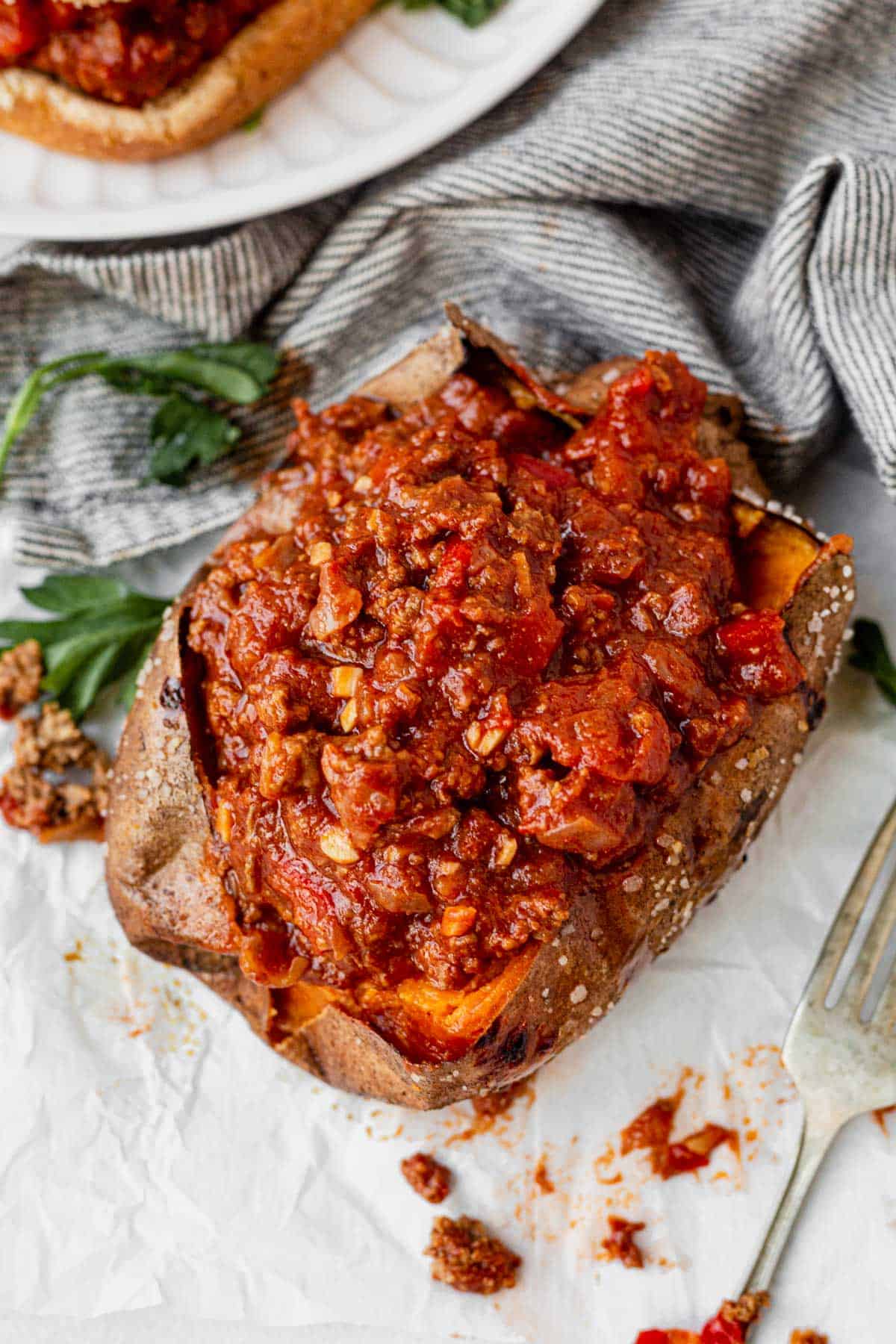 healthy sloppy joes inside a roasted sweet potato