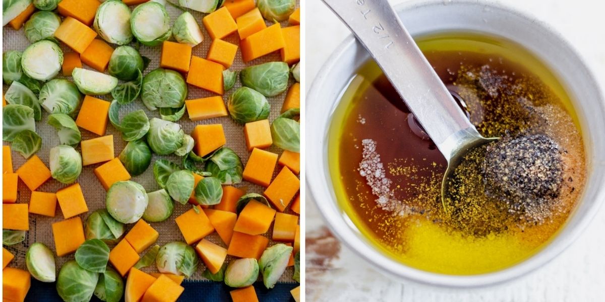 photos showing how to mix brussel sprouts and squash with maple olive oil mixture on a sheet pan