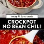 ladle in a crock of no bean chili and then a ladle dipping into no bean slow cooker chili