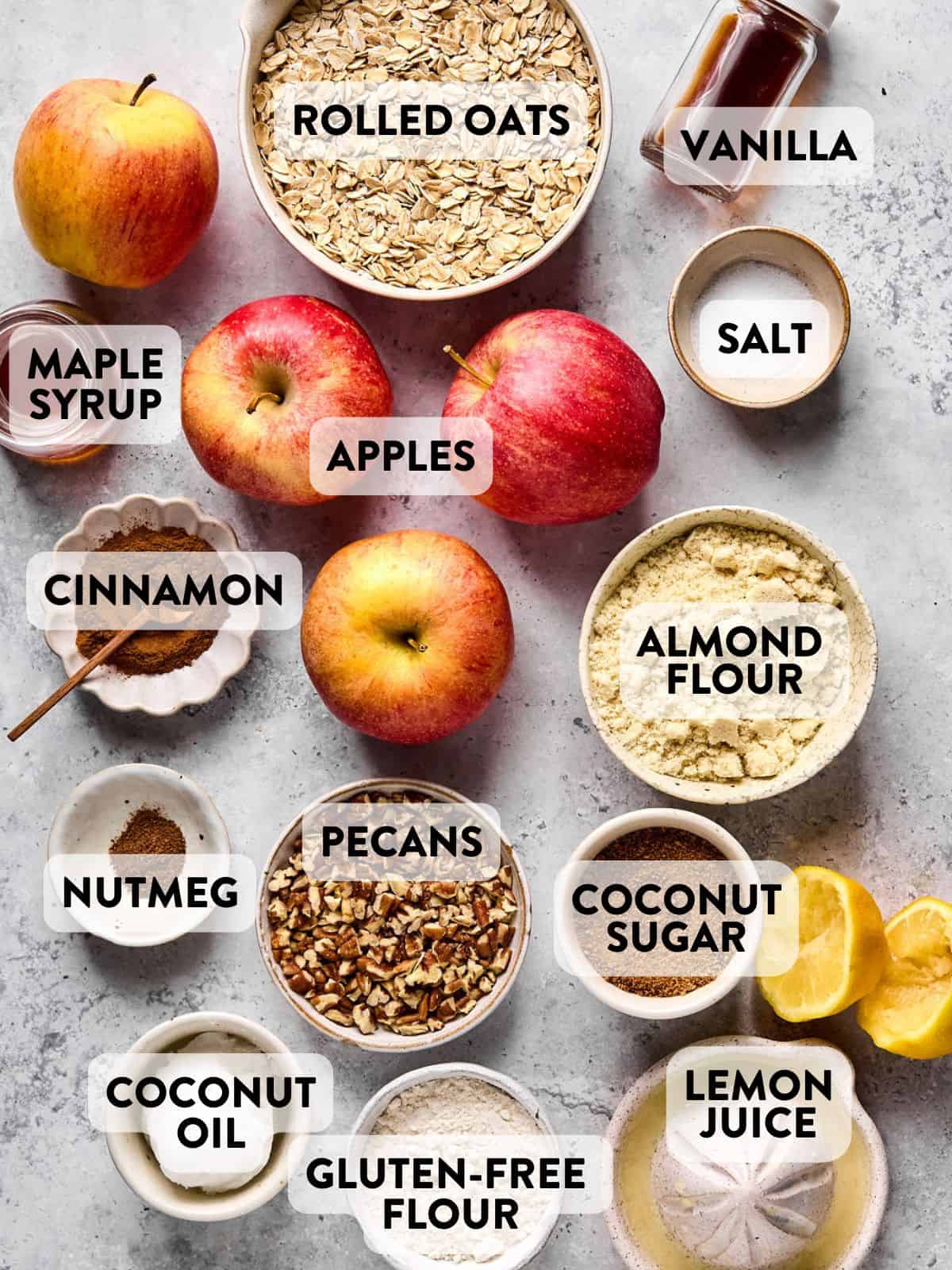 healthy apple crisp ingredients on a counter top.